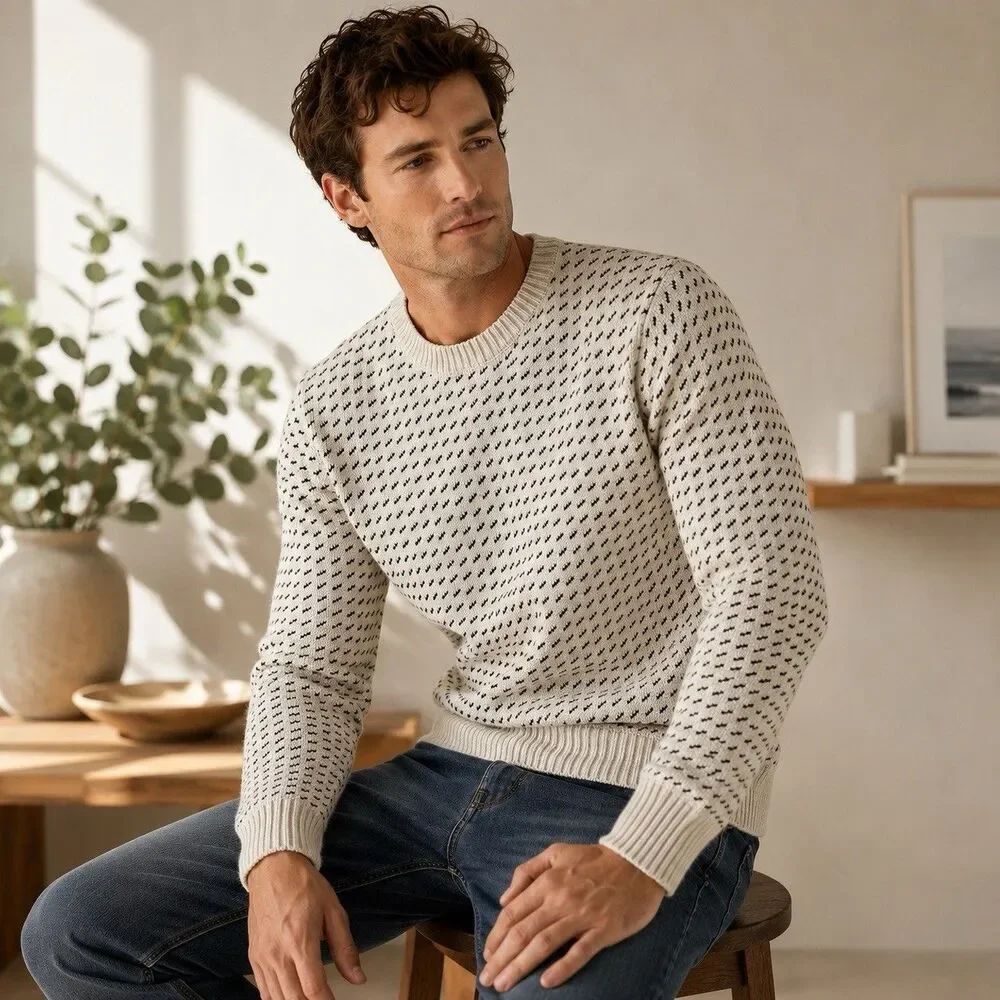 J Crew Sweater Mens L Cream Knit Textured Crewneck Heavyweight Preppy